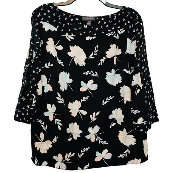 The Limited Tops - The Limited Floral Top Split Sleeve Bateau Neck Black Large